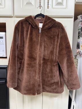 H&M Faux Fur Coat with Hood - Chocolate Brown